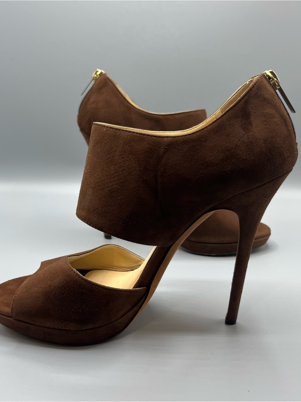 Jimmy Choo London Brown Suede Peep Toe Platform Heels Women EU 39.5 Italy 9.5 US - Picture 14 of 16